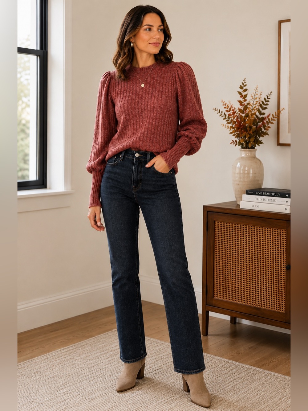 LEITH Dusty Rose Puff Sleeve Ribbed Sweater – Size XS